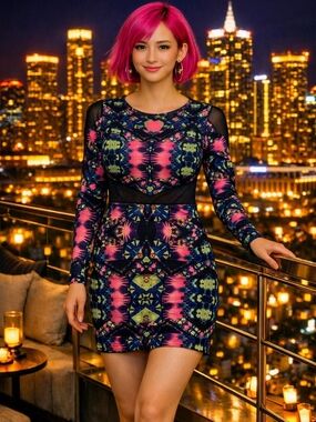 Charlotte Russe Pink Multi Long-Sleeve Mini Bodycon Dress